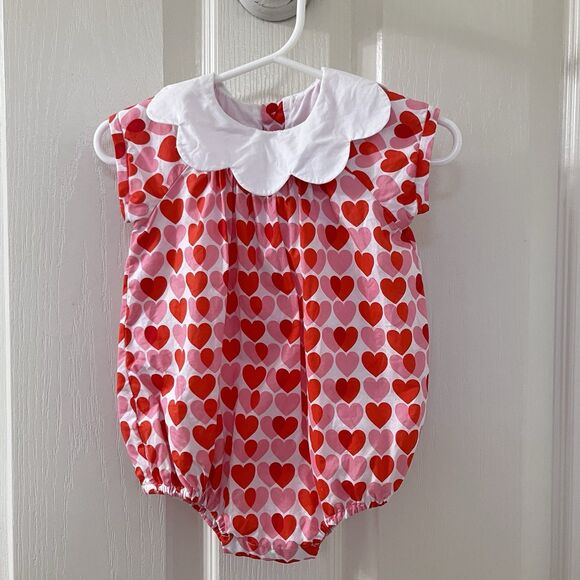 Jacadi Paris Scallop Collar Pink Red Heart Bubble Romper Girls Size 6 Months - Picture 1 of 9